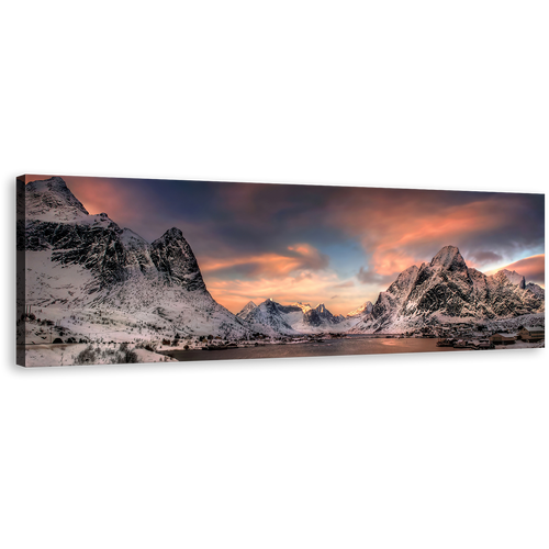 Reinevagen Mountains Canvas Print, Snowy Grey City Mountains Bay 1 Piece Canvas, Lofoten Norway Orange Sunset Wall Art