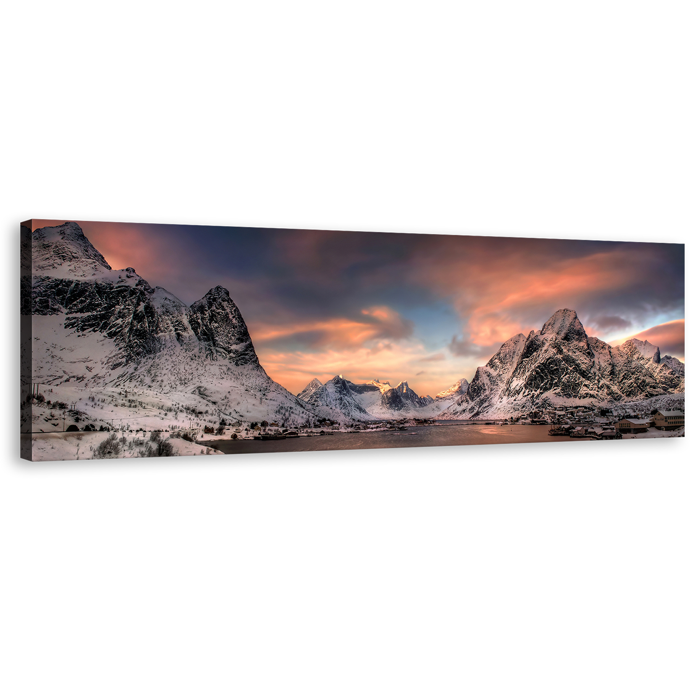 Reinevagen Mountains Canvas Print, Snowy Grey City Mountains Bay 1 Piece Canvas, Lofoten Norway Orange Sunset Wall Art