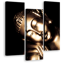 Load image into Gallery viewer, Relaxed Buddha Canvas Wall Art, Black Background 3 Piece Canvas, Gold Buddha Statue Triptych Canvas Print
