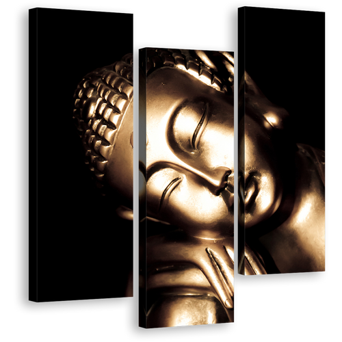 Relaxed Buddha Canvas Wall Art, Black Background 3 Piece Canvas, Gold Buddha Statue Triptych Canvas Print