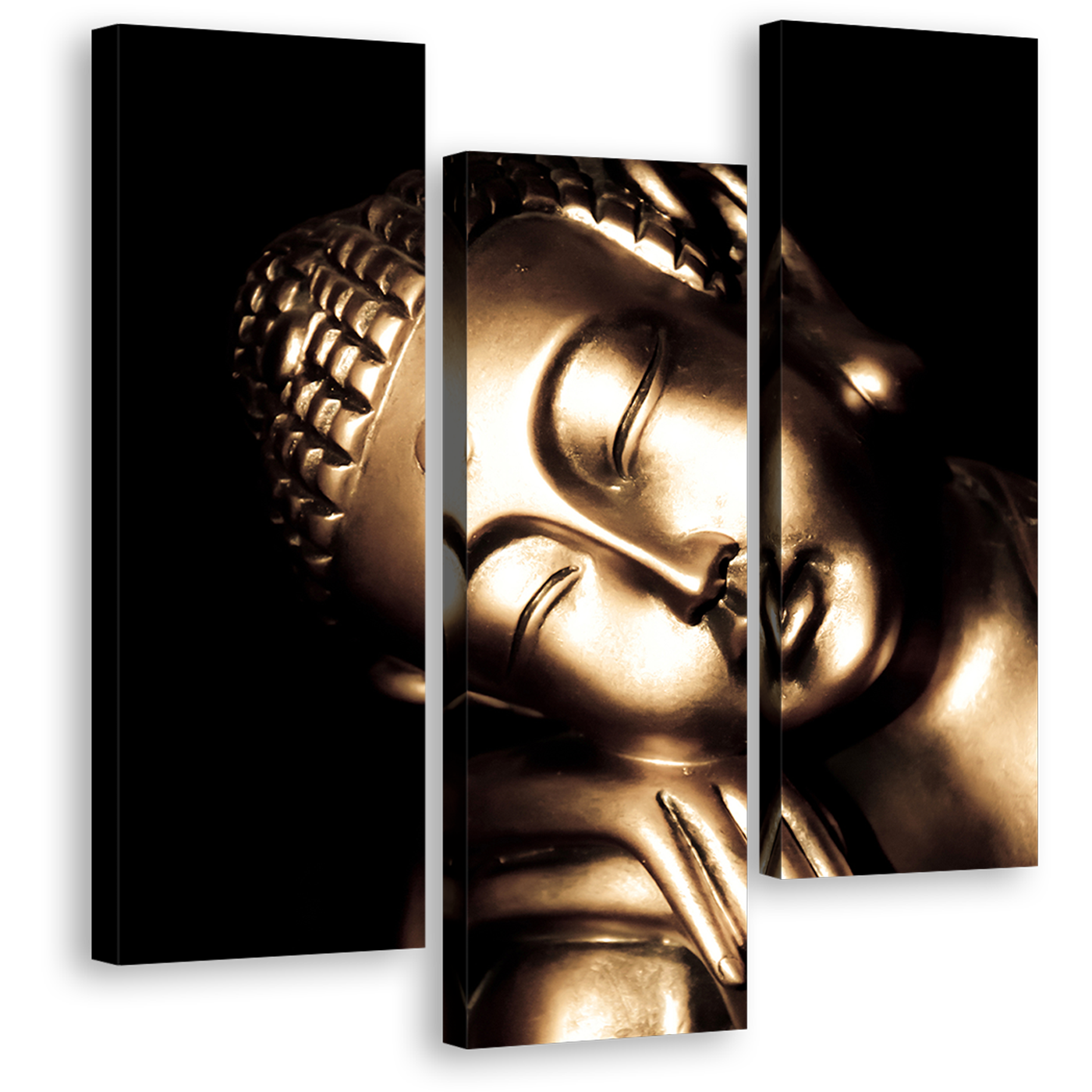 Relaxed Buddha Canvas Wall Art, Black Background 3 Piece Canvas, Gold Buddha Statue Triptych Canvas Print