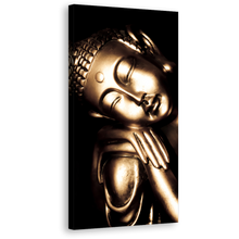 Load image into Gallery viewer, Relaxed Buddha Canvas Wall Art, Gold Buddha Statue Vertical Canvas Print, Black Background 1 Piece Canvas Artwork
