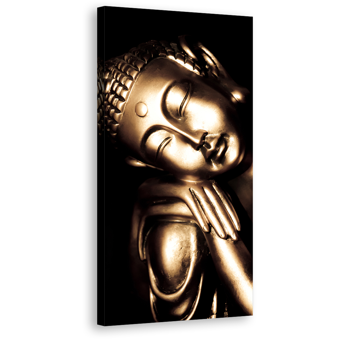 Relaxed Buddha Canvas Wall Art, Gold Buddha Statue Vertical Canvas Print, Black Background 1 Piece Canvas Artwork