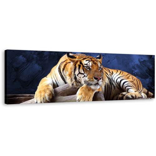 Resting Tiger Canvas Wall art, Yellow Tiger Wildlife Canvas Print, Beautiful Blue Background Animal 1 Piece Canvas Artwork