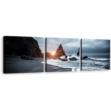 Load image into Gallery viewer, Reynisfjara Beach Canvas Wall Art, Grey Atlantic Ocean 3 Piece Canvas Print, Black Ocean Coast Multi Canvas
