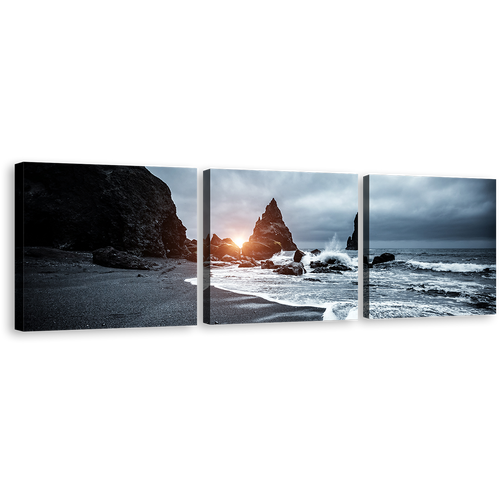 Reynisfjara Beach Canvas Wall Art, Grey Atlantic Ocean 3 Piece Canvas Print, Black Ocean Coast Multi Canvas