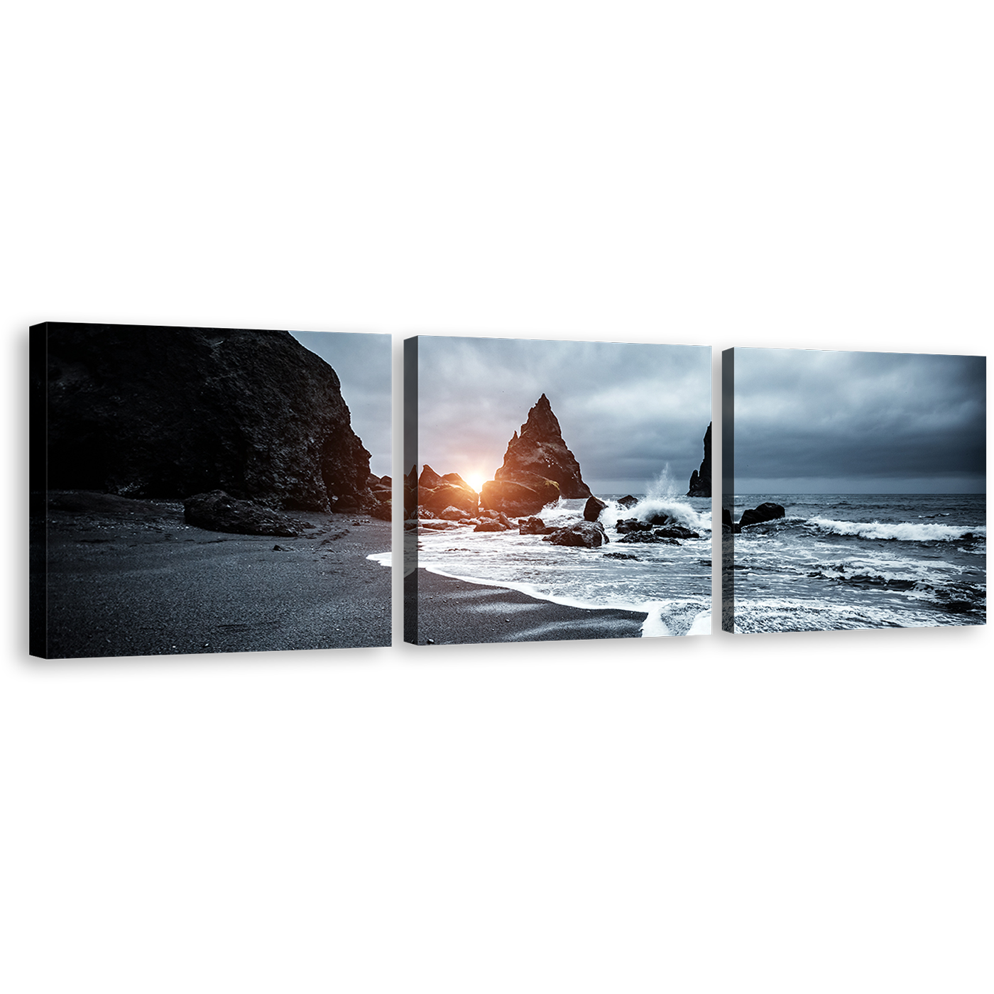 Reynisfjara Beach Canvas Wall Art, Grey Atlantic Ocean 3 Piece Canvas Print, Black Ocean Coast Multi Canvas