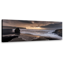 Load image into Gallery viewer, Reynisfjara Beach Canvas Wall Art, Grey Iceland Ocean Beach Rocks Canvas Print, Dramatic Yellow Cloudy Sky Sea Panoramic Canvas, Beach Black Sand Wide Canvas
