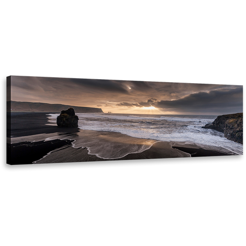 Reynisfjara Beach Canvas Wall Art, Grey Iceland Ocean Beach Rocks Canvas Print, Dramatic Yellow Cloudy Sky Sea Panoramic Canvas, Beach Black Sand Wide Canvas