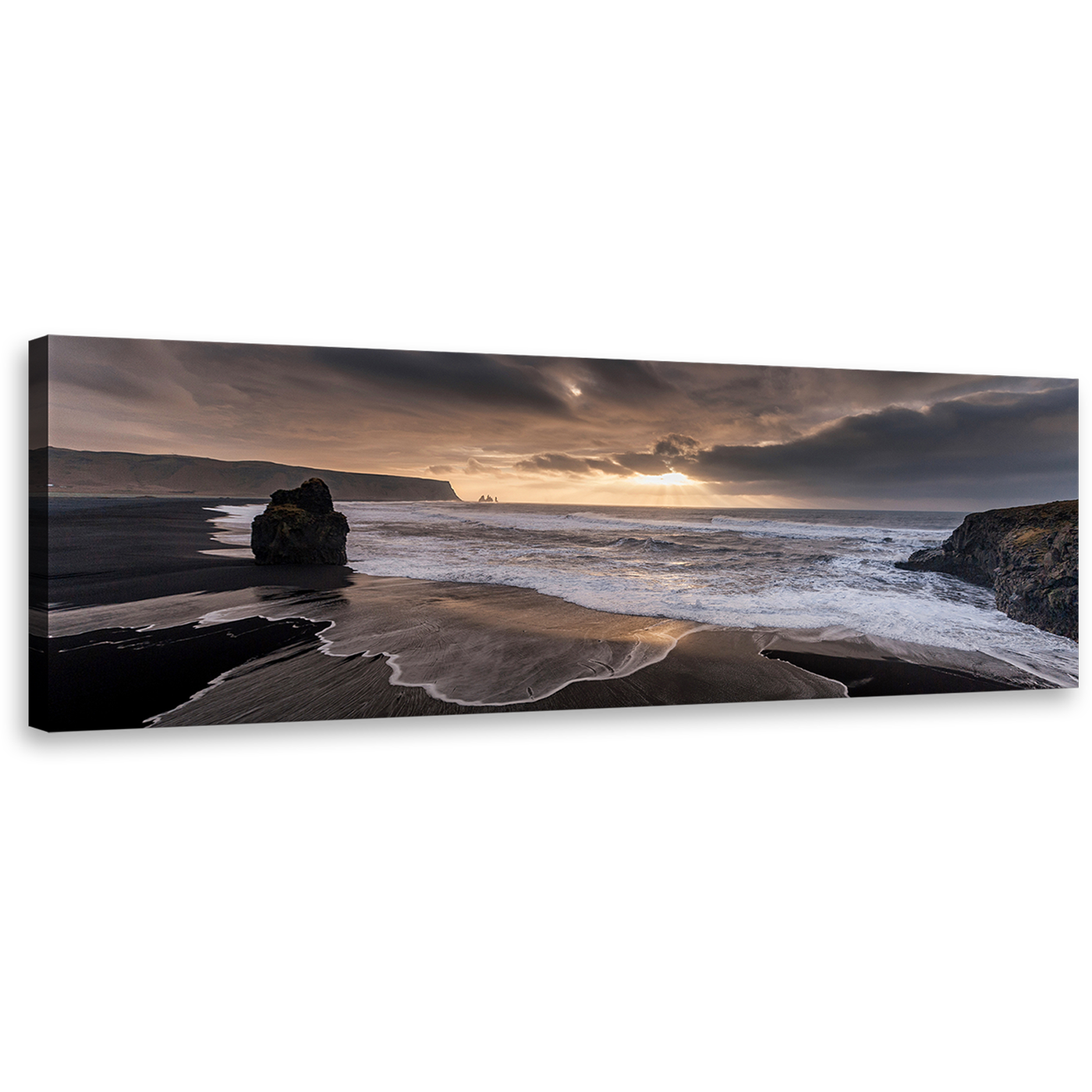 Reynisfjara Beach Canvas Wall Art, Grey Iceland Ocean Beach Rocks Canvas Print, Dramatic Yellow Cloudy Sky Sea Panoramic Canvas, Beach Black Sand Wide Canvas