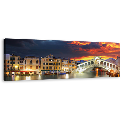 Rialto Bridge Canvas Wall Art, Venice City Dramatic Orange Sunset Canvas Artwork, Grey Italy Gondola Seascape 1 Piece Canvas Print