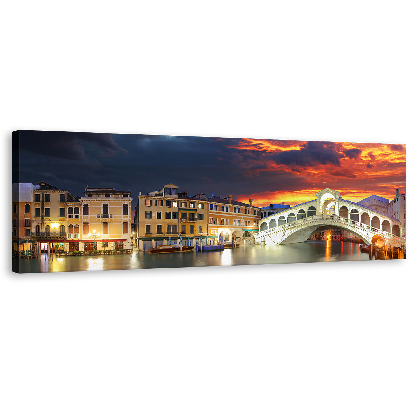 Rialto Bridge Canvas Wall Art, Venice City Dramatic Orange Sunset Canvas Artwork, Grey Italy Gondola Seascape 1 Piece Canvas Print