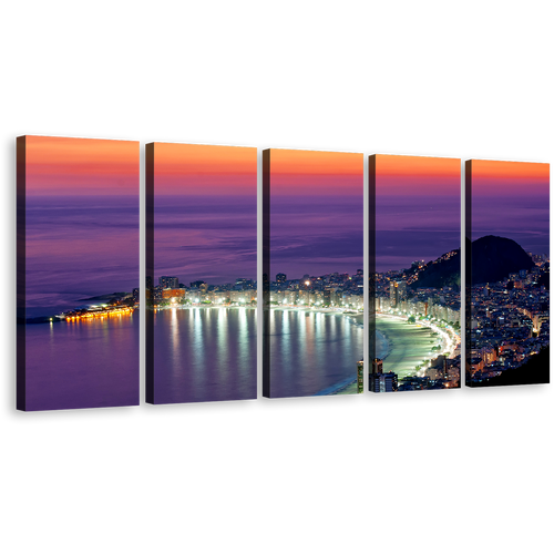 Rio de Janeiro Canvas Wall Art, Brazil Evening Orange Ocean Sky Canvas Print, Purple Copacabana Beach 5 Piece Multi Canvas