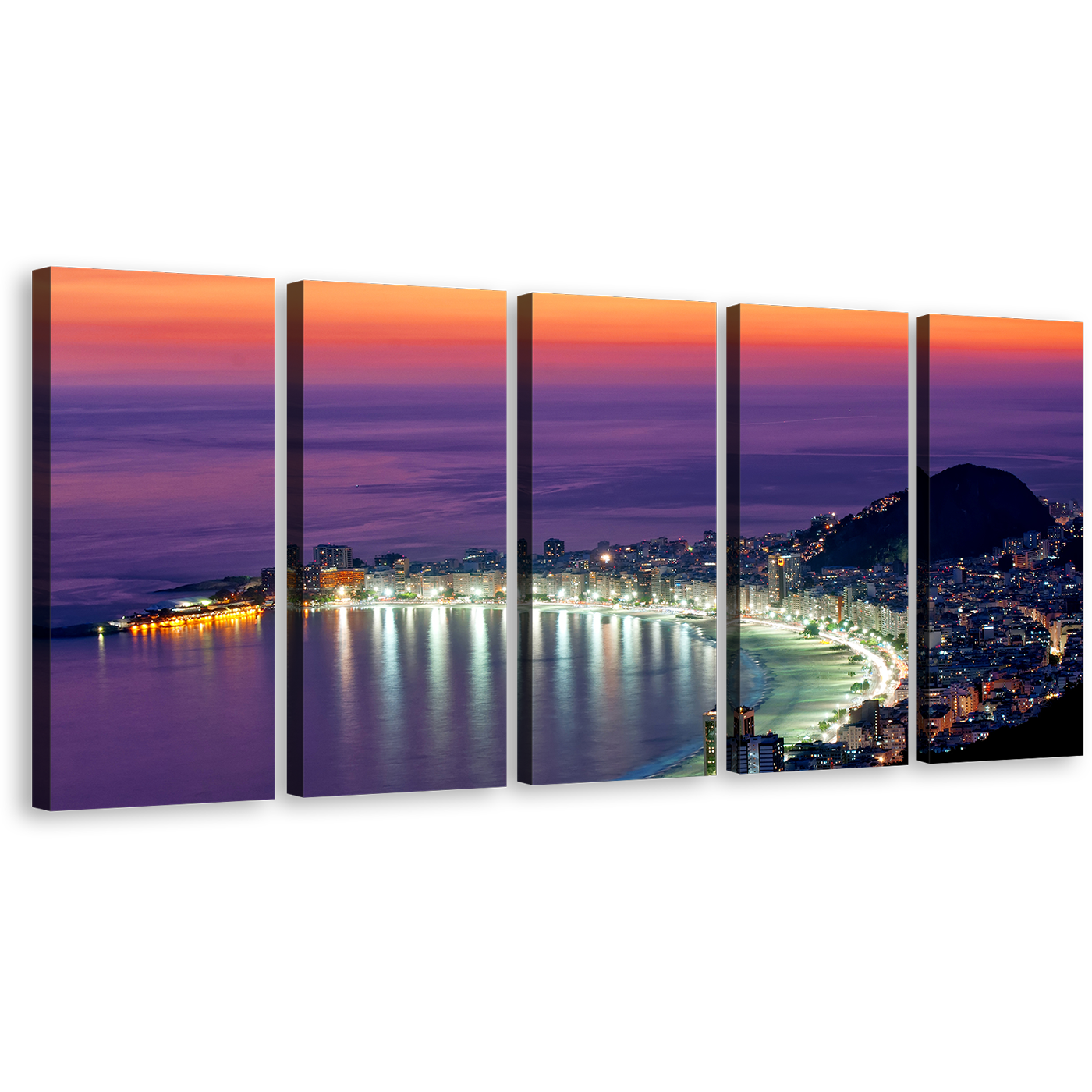 Rio de Janeiro Canvas Wall Art, Brazil Evening Orange Ocean Sky Canvas Print, Purple Copacabana Beach 5 Piece Multi Canvas