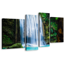 Load image into Gallery viewer, River Kwai Canvas Wall Art, White Erawan Waterfall Canvas Print, Thailand Green Erawan National Park 4 Piece Canvas Set
