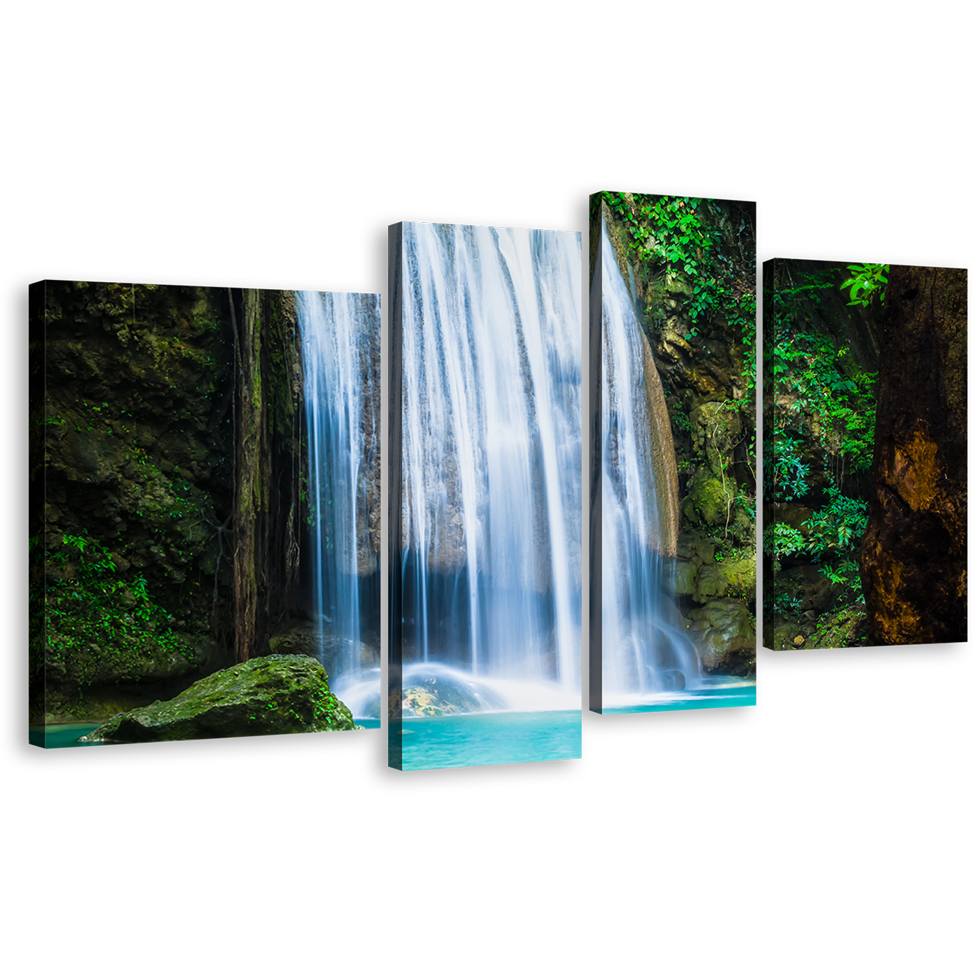 River Kwai Canvas Wall Art, White Erawan Waterfall Canvas Print, Thailand Green Erawan National Park 4 Piece Canvas Set