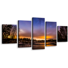 Load image into Gallery viewer, River Lake Canvas Print, Beautiful Blue Dramatic Starry Sky Canvas Set, Orange Sunset Landscape 5 Piece Wall Art
