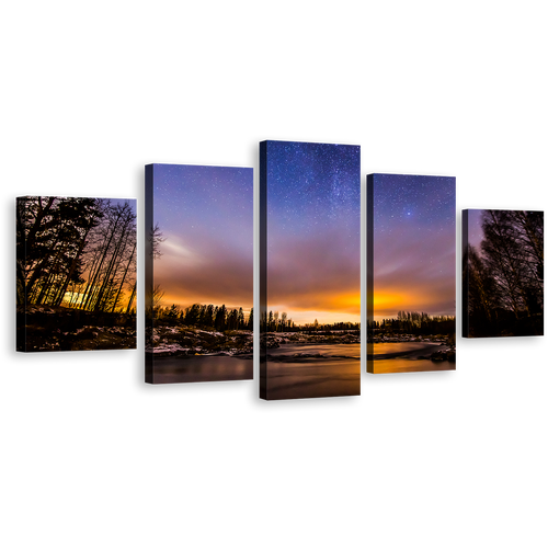 River Lake Canvas Print, Beautiful Blue Dramatic Starry Sky Canvas Set, Orange Sunset Landscape 5 Piece Wall Art