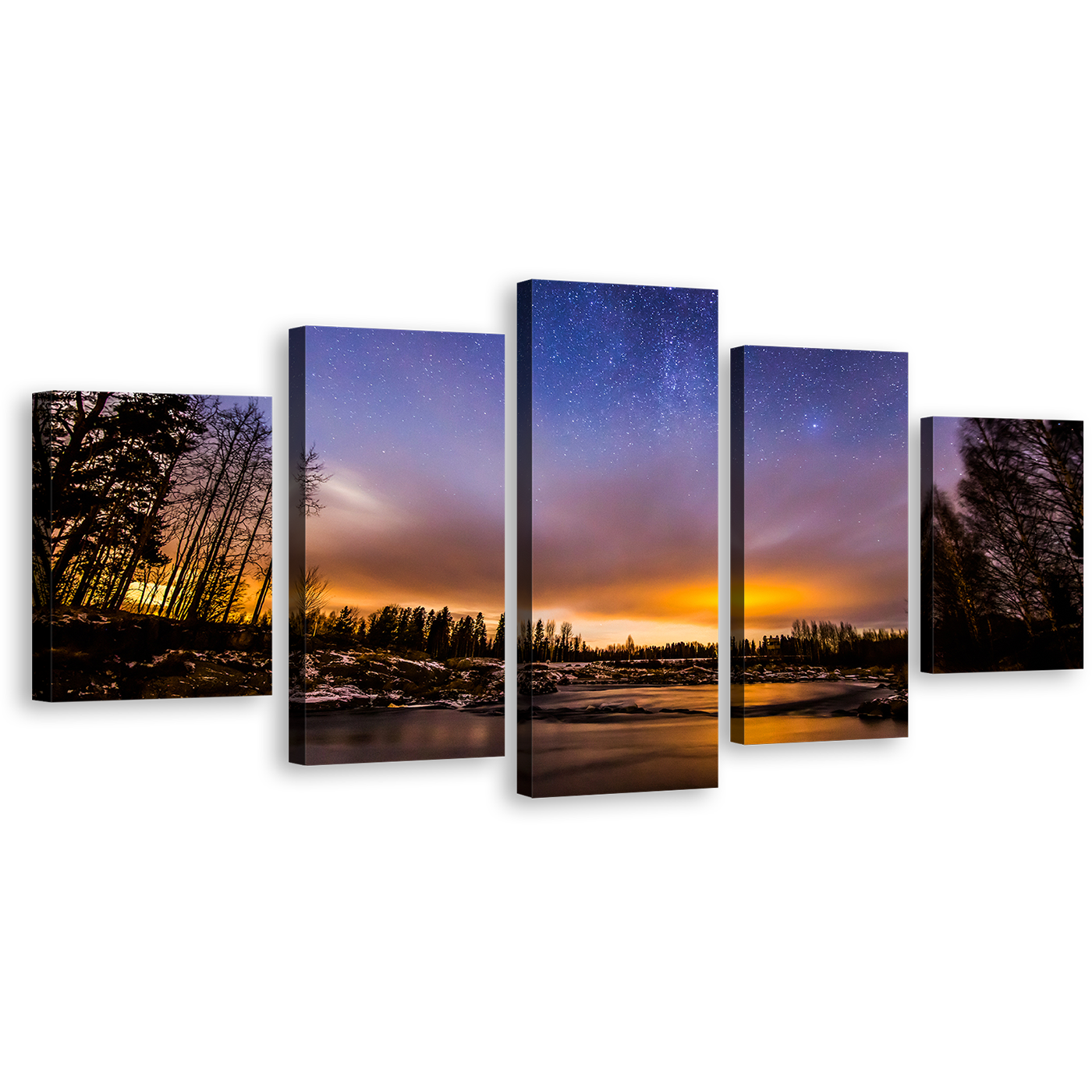 River Lake Canvas Print, Beautiful Blue Dramatic Starry Sky Canvas Set, Orange Sunset Landscape 5 Piece Wall Art