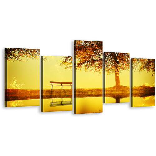 River Lake Canvas Print, Yellow Orange Sunset Lake 5 Piece Canvas Wall Art, Greenbelt Bench Tree Landscape Canvas set