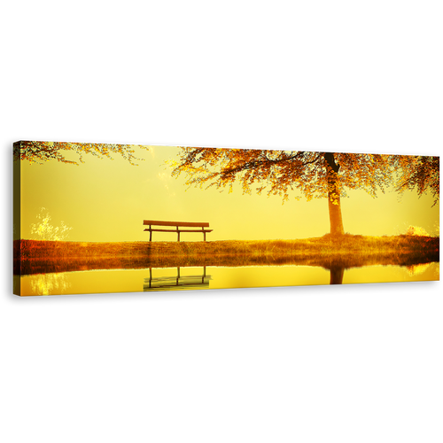 River Park Canvas Print, Yellow Sunset Tree Bench Lake Panoramic Canvas Wall Art, Orange River Landscape Autumn Scene Canvas Artwork