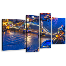 Load image into Gallery viewer, River Thames Canvas Print, London Yellow Tower Bridge City Multi Canvas, Blue River Ships Bridge 4 Piece Wall Art
