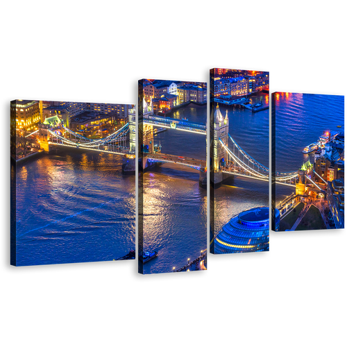 River Thames Canvas Print, London Yellow Tower Bridge City Multi Canvas, Blue River Ships Bridge 4 Piece Wall Art