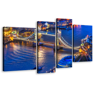 River Thames Canvas Print, London Yellow Tower Bridge City Multi Canvas, Blue River Ships Bridge 4 Piece Wall Art
