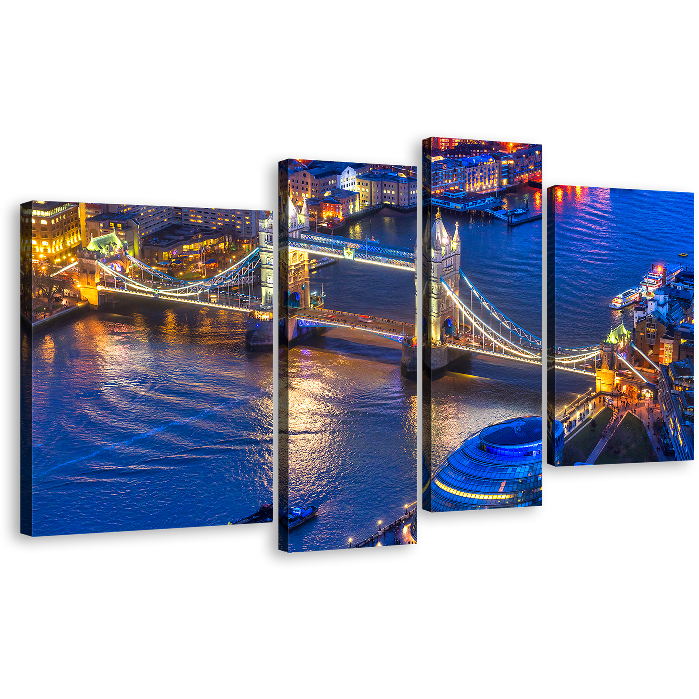 River Thames Canvas Print, London Yellow Tower Bridge City Multi Canvas, Blue River Ships Bridge 4 Piece Wall Art