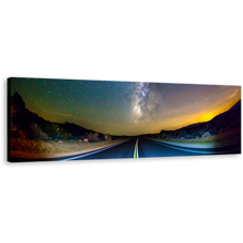 Load image into Gallery viewer, Road Scenery Canvas Art, Yellow Sunset Stary Sky Wall Art, Blue Road Towards Milky Way Panoramic Canvas Print
