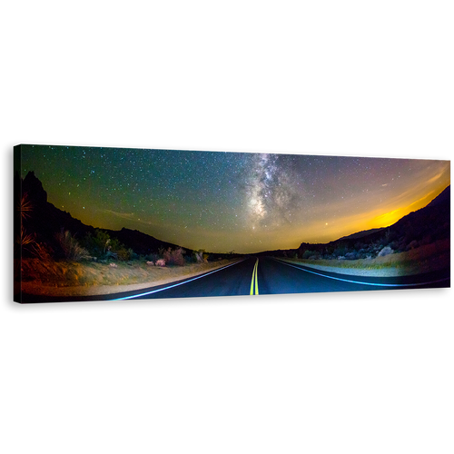 Road Scenery Canvas Art, Yellow Sunset Stary Sky Wall Art, Blue Road Towards Milky Way Panoramic Canvas Print