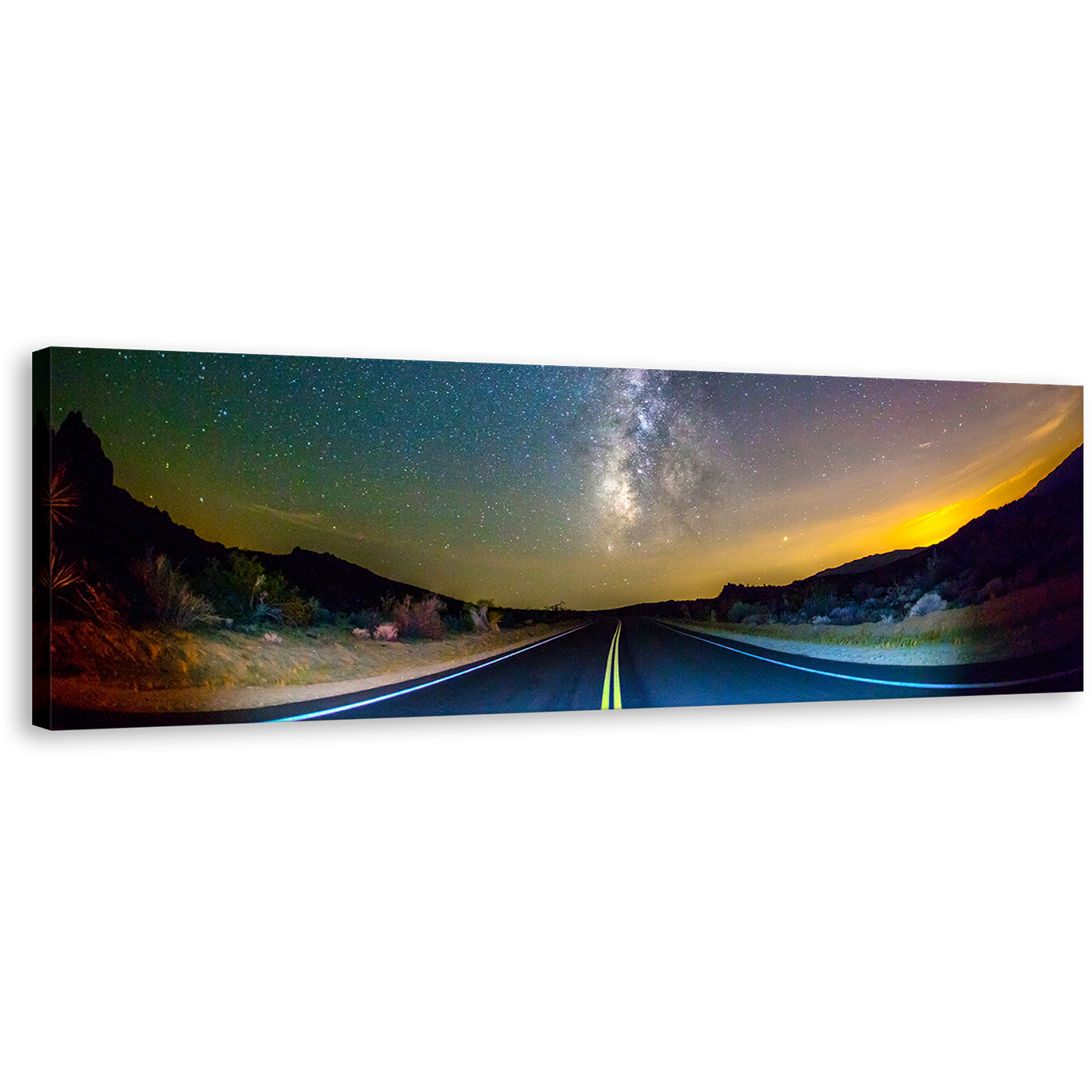 Road Scenery Canvas Art, Yellow Sunset Stary Sky Wall Art, Blue Road Towards Milky Way Panoramic Canvas Print