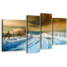 Load image into Gallery viewer, Road Snow Wall Art, White Snowy Path Winter Scenery 4 Piece Multi Canvas, Dramatic Brown Cloudy Sky Canvas Print
