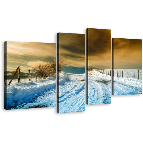 Road Snow Wall Art, White Snowy Path Winter Scenery 4 Piece Multi Canvas, Dramatic Brown Cloudy Sky Canvas Print