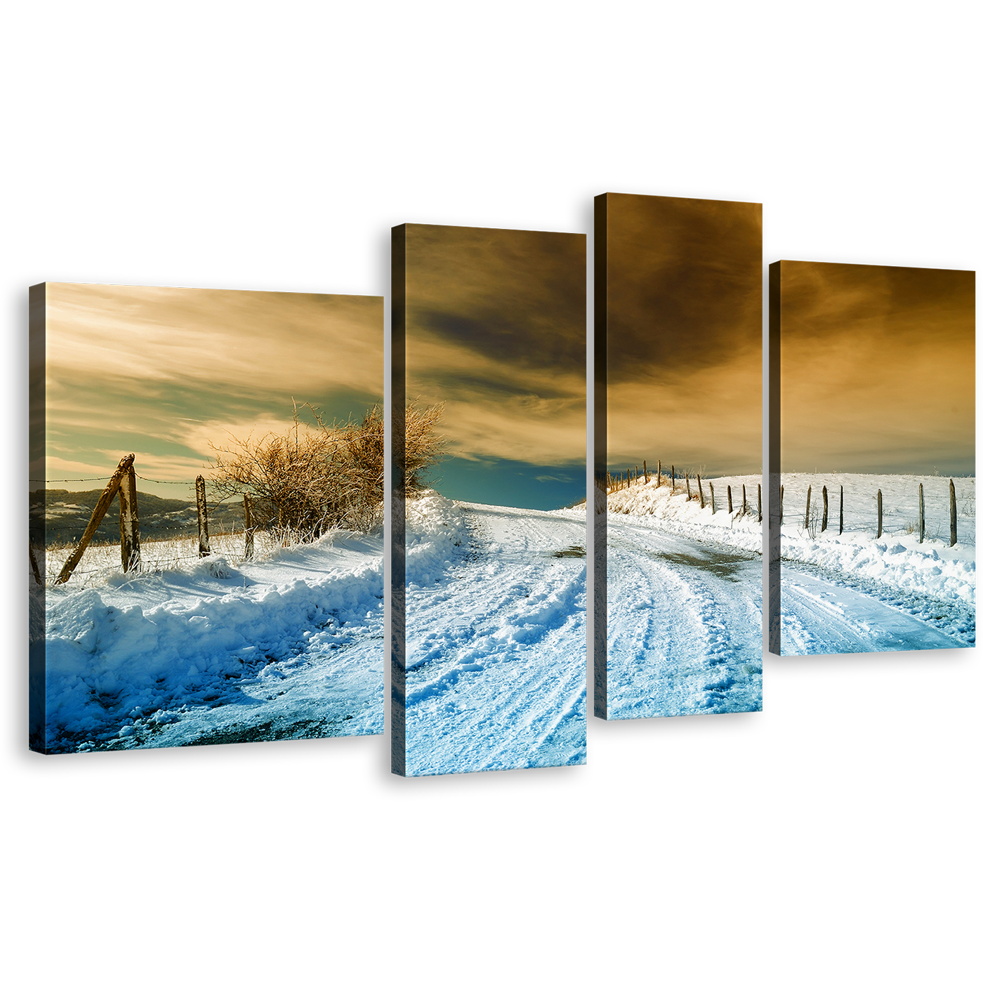 Road Snow Wall Art, White Snowy Path Winter Scenery 4 Piece Multi Canvas, Dramatic Brown Cloudy Sky Canvas Print