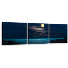 Load image into Gallery viewer, Rock Beach Canvas Print, Yellow Full Moon Ocean 3 Piece Multi Canvas, Blue Cloudy Ocean at Night Triptych Canvas Wall Art
