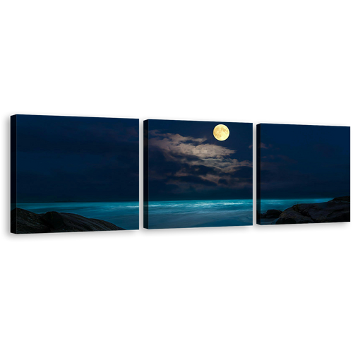 Rock Beach Canvas Print, Yellow Full Moon Ocean 3 Piece Multi Canvas, Blue Cloudy Ocean at Night Triptych Canvas Wall Art