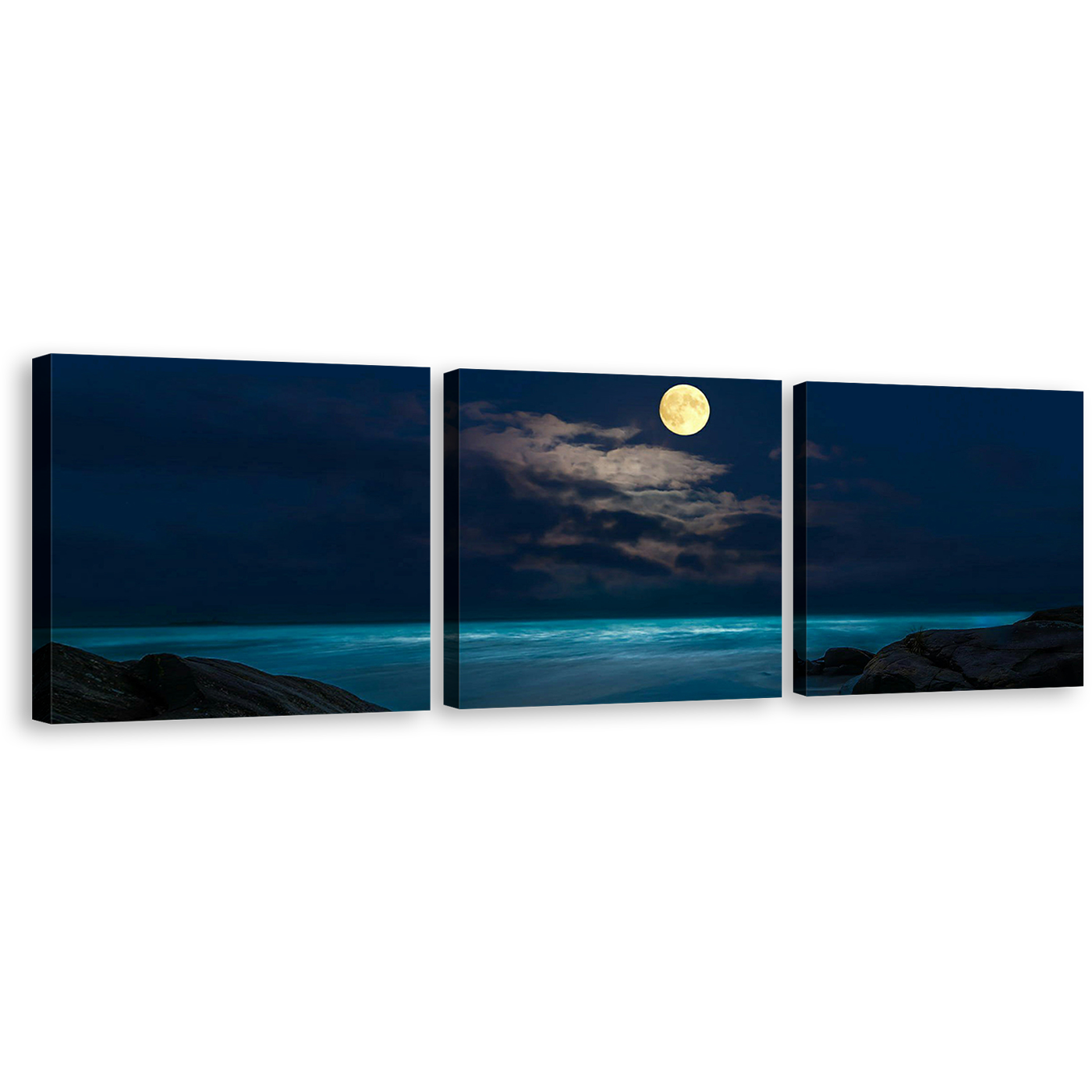 Rock Beach Canvas Print, Yellow Full Moon Ocean 3 Piece Multi Canvas, Blue Cloudy Ocean at Night Triptych Canvas Wall Art