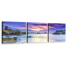 Load image into Gallery viewer, Rocky Beach Canvas Wall Art, Dramatic Blue Sky Sea Canvas Set, Brown Dawn Beach Scenery 3 Piece Canvas Print
