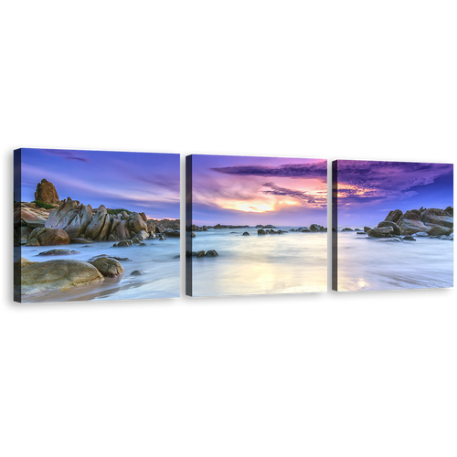 Rocky Beach Canvas Wall Art, Dramatic Blue Sky Sea Canvas Set, Brown Dawn Beach Scenery 3 Piece Canvas Print