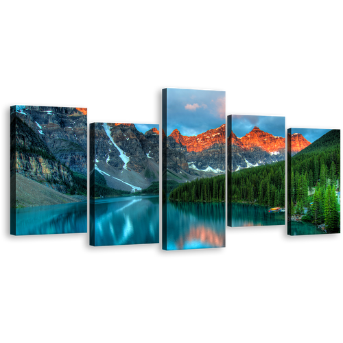 Rocky Mountains Canvas Print, Blue Moraine Lake 5 Piece Canvas Wall Art, Beautiful Landscape Forest Green Trees, Banff National Park Canvas Set