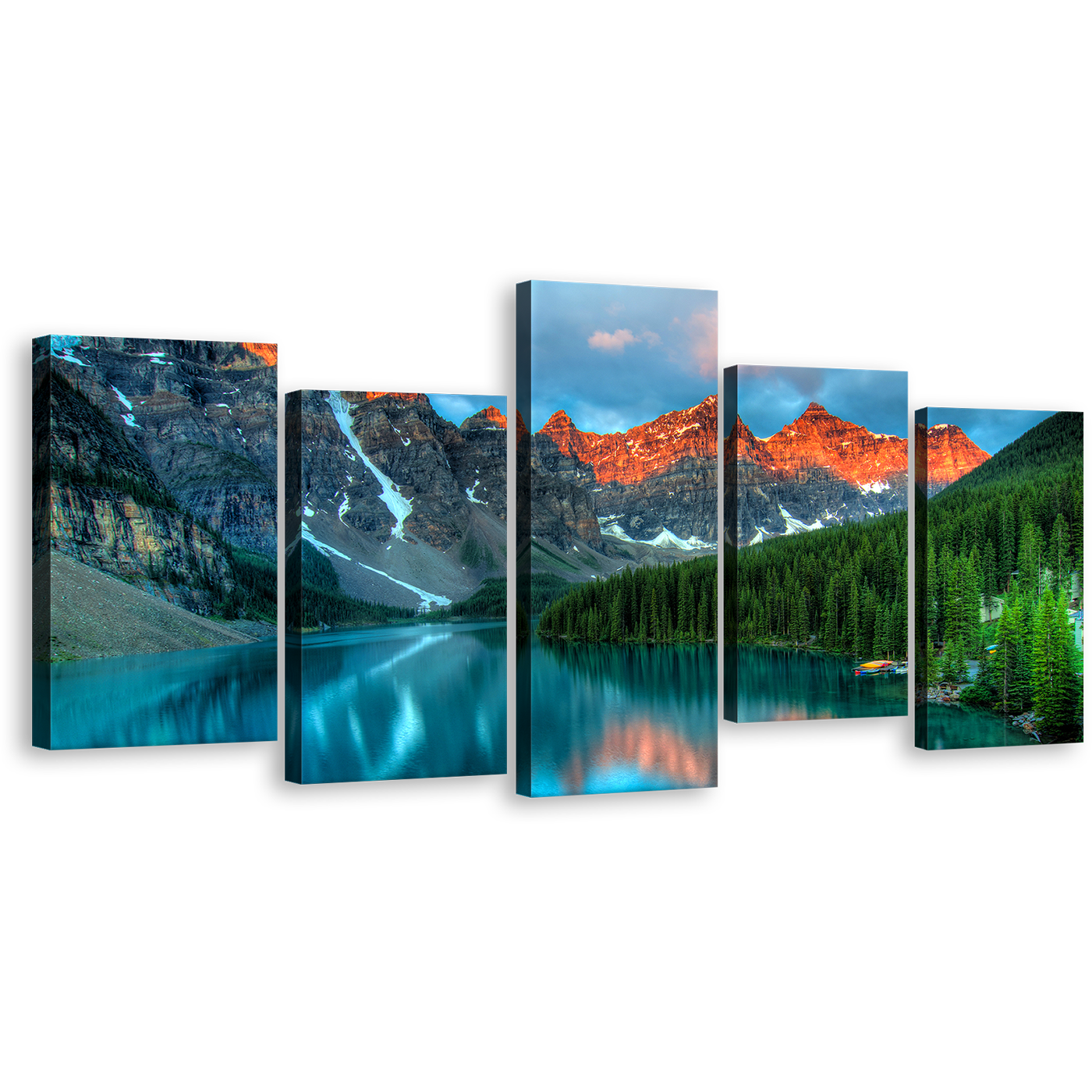 Rocky Mountains Canvas Print, Blue Moraine Lake 5 Piece Canvas Wall Art, Beautiful Landscape Forest Green Trees, Banff National Park Canvas Set