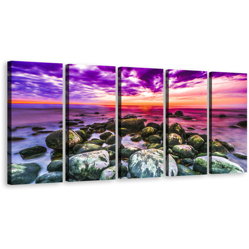 Rocky Ocean Canvas Wall Art, Dramatic Clouds Ocean Sky 5 Piece Canvas Set, Colorful Ocean  Multiple Canvas