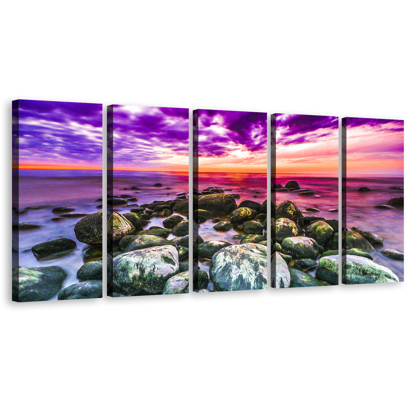 Rocky Ocean Canvas Wall Art, Dramatic Clouds Ocean Sky 5 Piece Canvas Set, Colorful Ocean  Multiple Canvas