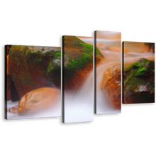 Load image into Gallery viewer, Rocky Waterfall Wall Art, Flowing River 4 Piece Multi Canvas, Orange Green Mossy Rock Canvas Print
