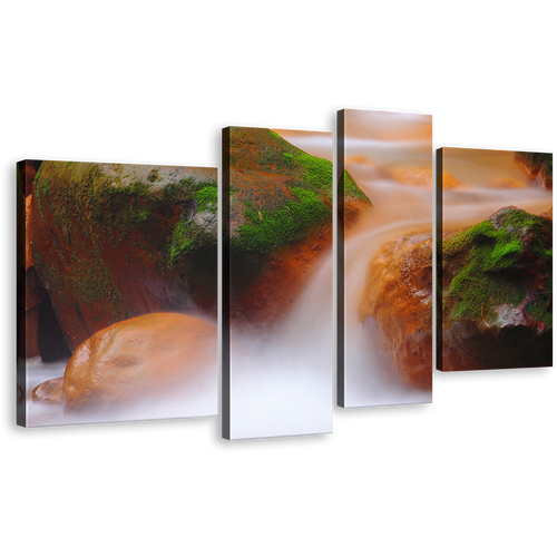 Rocky Waterfall Wall Art, Flowing River 4 Piece Multi Canvas, Orange Green Mossy Rock Canvas Print