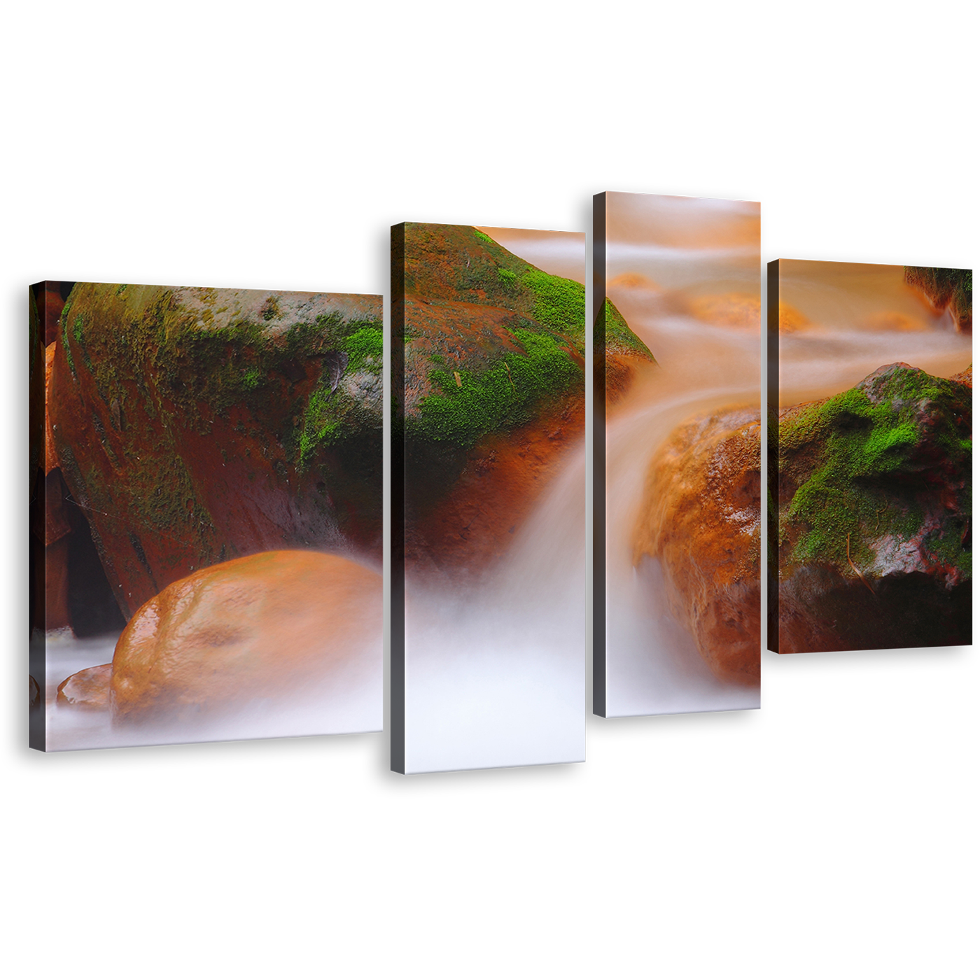 Rocky Waterfall Wall Art, Flowing River 4 Piece Multi Canvas, Orange Green Mossy Rock Canvas Print