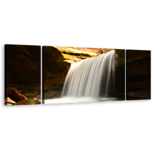 Load image into Gallery viewer, Rocky Waterfall Wall Art, Yellow Mountain Rocks Scenery 3 Piece Canvas Set, White Calming Waterfall Canvas Print
