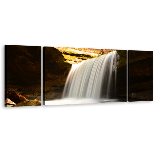 Rocky Waterfall Wall Art, Yellow Mountain Rocks Scenery 3 Piece Canvas Set, White Calming Waterfall Canvas Print