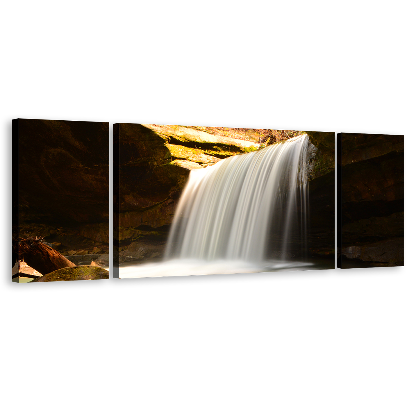 Rocky Waterfall Wall Art, Yellow Mountain Rocks Scenery 3 Piece Canvas Set, White Calming Waterfall Canvas Print